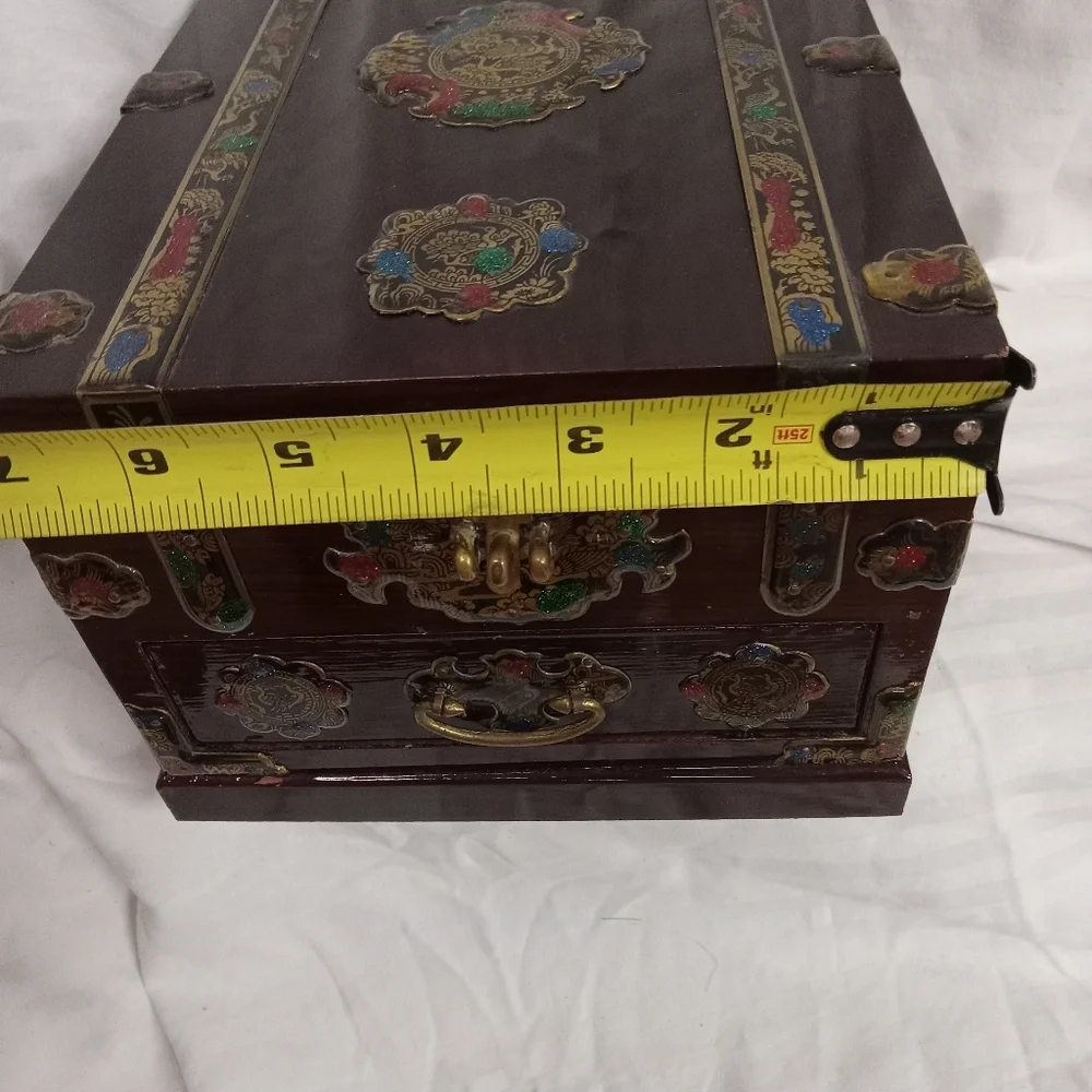 Vintage Asian Style Wooden Jewelry Box with Beveled Mirror